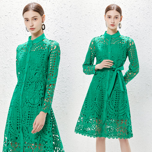Runway Fashion Exquisite Hollow Out Crochet Lace, Stand Collar, Belted Party, Cocktail, Festive Midi Dress (Green)